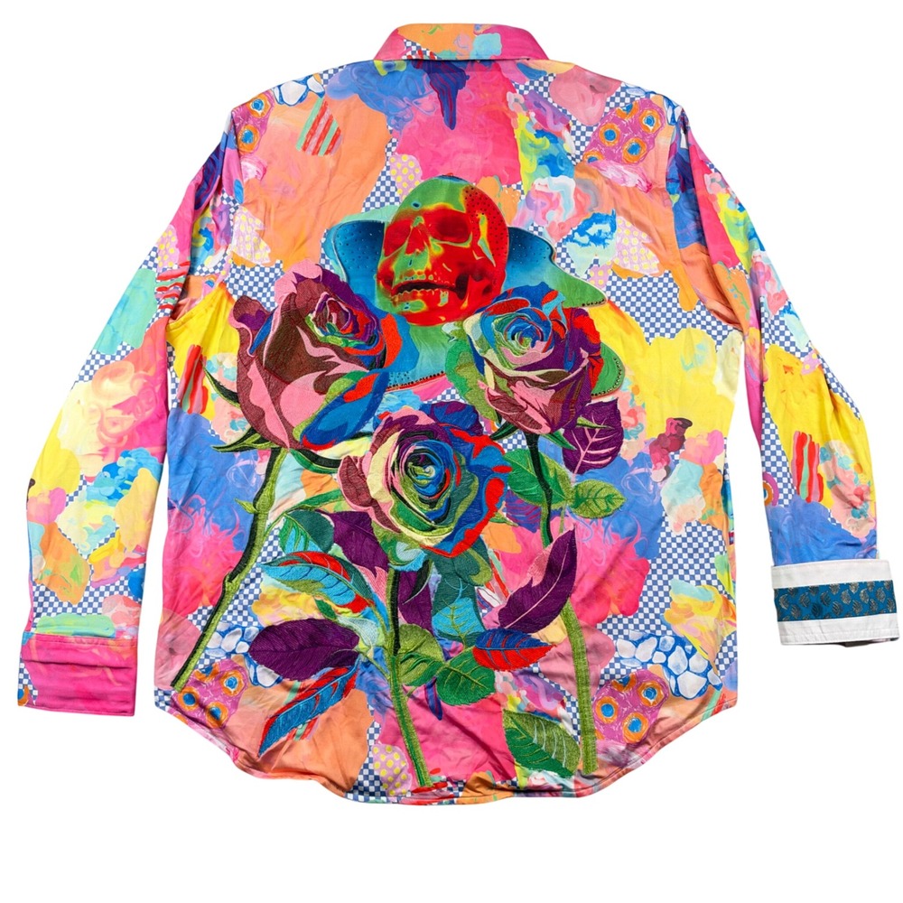 NEW Robert Graham Fleur De Glace Shirt Men XL Multi Color Skull Rose